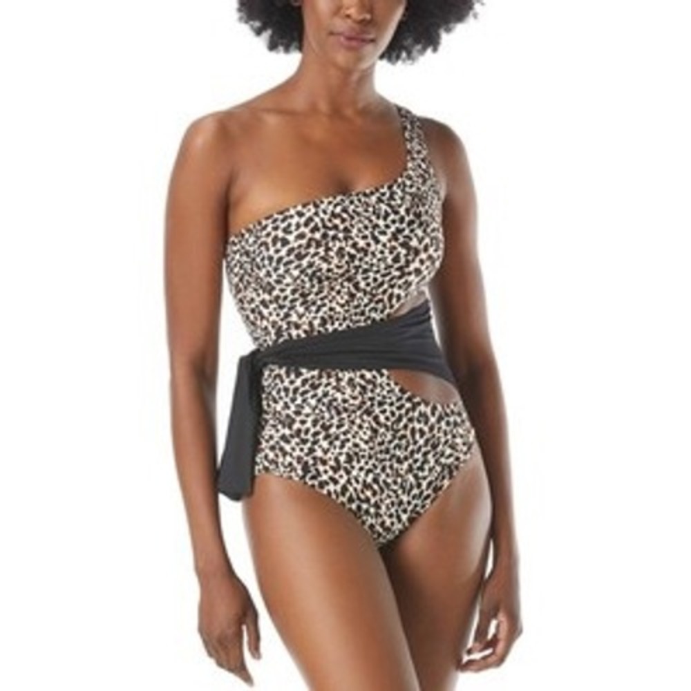 Vince Camuto Womens Leopard Print One Shoulder Cutout One Piece Swimsuit 12 New